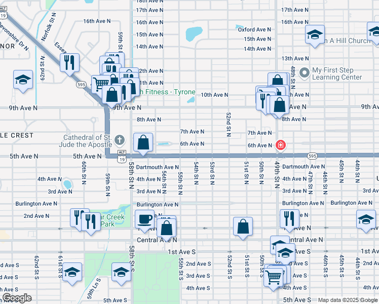 map of restaurants, bars, coffee shops, grocery stores, and more near 5408 5th Avenue North in St. Petersburg