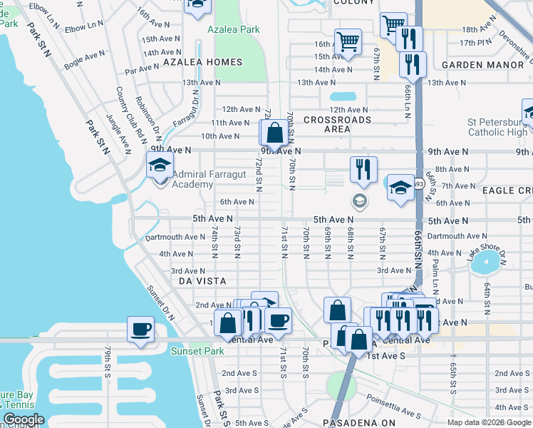 map of restaurants, bars, coffee shops, grocery stores, and more near 7110 5th Avenue North in St. Petersburg