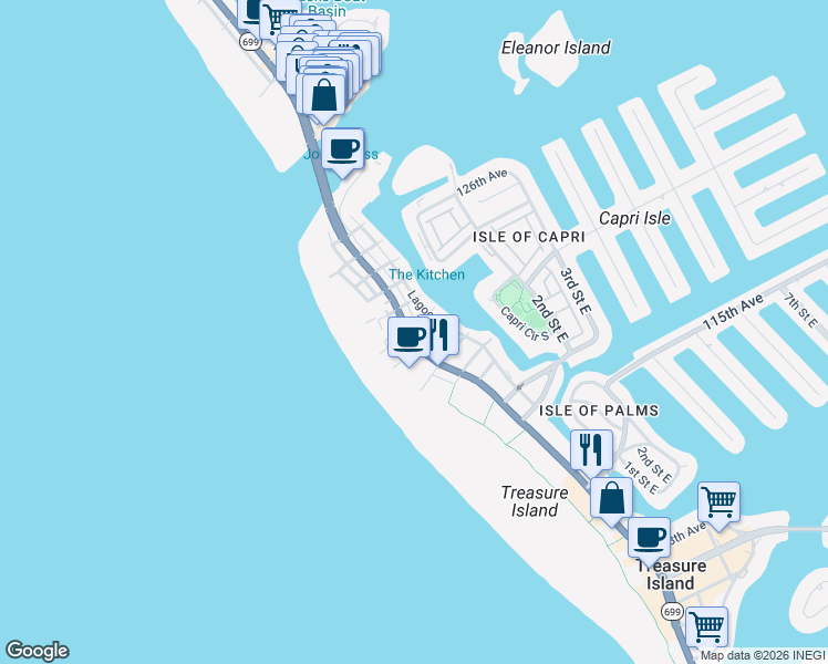 map of restaurants, bars, coffee shops, grocery stores, and more near 12100 Gulf Boulevard in Treasure Island