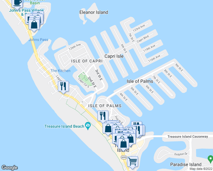 map of restaurants, bars, coffee shops, grocery stores, and more near 275 116th Avenue in Treasure Island