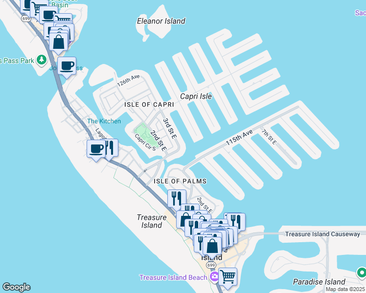 map of restaurants, bars, coffee shops, grocery stores, and more near 275 116th Avenue in Treasure Island