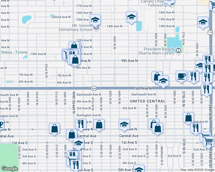 map of restaurants, bars, coffee shops, grocery stores, and more near 4539 5th Avenue North in St. Petersburg