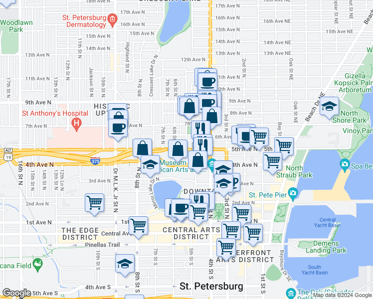 map of restaurants, bars, coffee shops, grocery stores, and more near 535 4th Avenue North in St. Petersburg