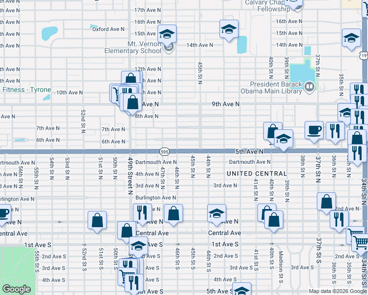 map of restaurants, bars, coffee shops, grocery stores, and more near 4520 5th Avenue North in St. Petersburg