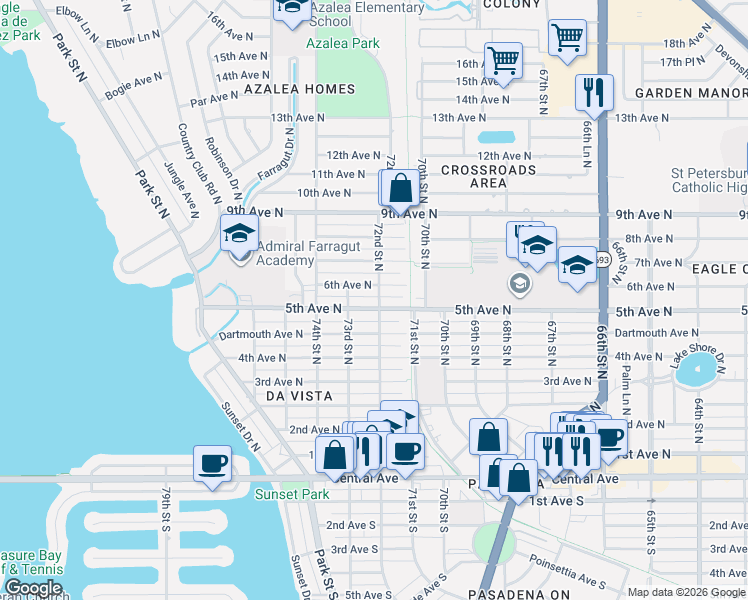 map of restaurants, bars, coffee shops, grocery stores, and more near 7201 5th Avenue North in St. Petersburg