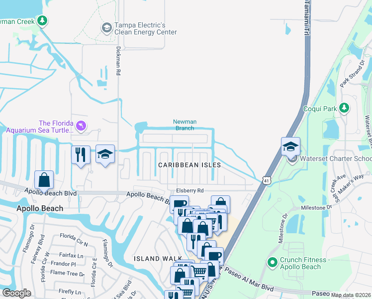 map of restaurants, bars, coffee shops, grocery stores, and more near 328 Port Royal Lane in Apollo Beach