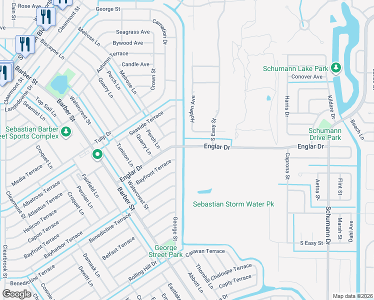 map of restaurants, bars, coffee shops, grocery stores, and more near 297 Englar Dr in Sebastian