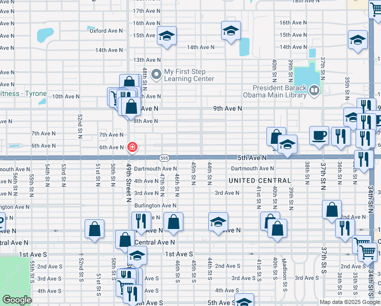 map of restaurants, bars, coffee shops, grocery stores, and more near 4520 5th Avenue North in St. Petersburg