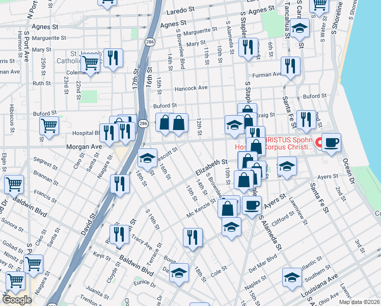 map of restaurants, bars, coffee shops, grocery stores, and more near 1430 14th Street in Corpus Christi