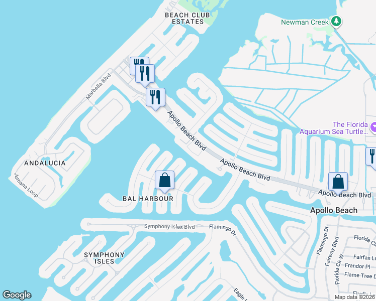 map of restaurants, bars, coffee shops, grocery stores, and more near 6340 Wisteria Lane in Apollo Beach