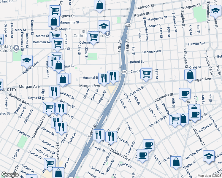 map of restaurants, bars, coffee shops, grocery stores, and more near 2121 David Street in Corpus Christi