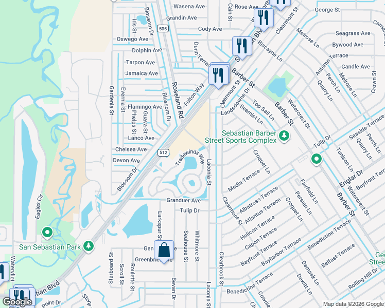 map of restaurants, bars, coffee shops, grocery stores, and more near 1412 Tradewinds Way in Sebastian