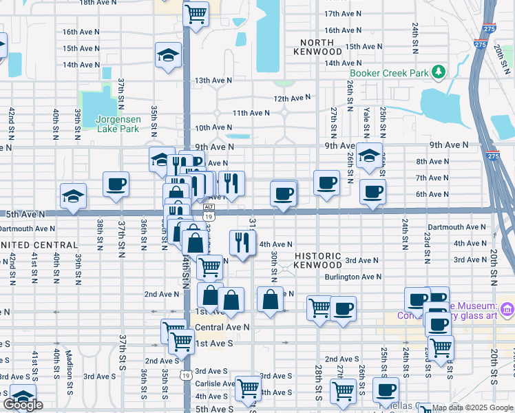 map of restaurants, bars, coffee shops, grocery stores, and more near 3100 5th Avenue North in St. Petersburg
