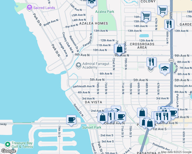 map of restaurants, bars, coffee shops, grocery stores, and more near 7401 5th Avenue North in St. Petersburg