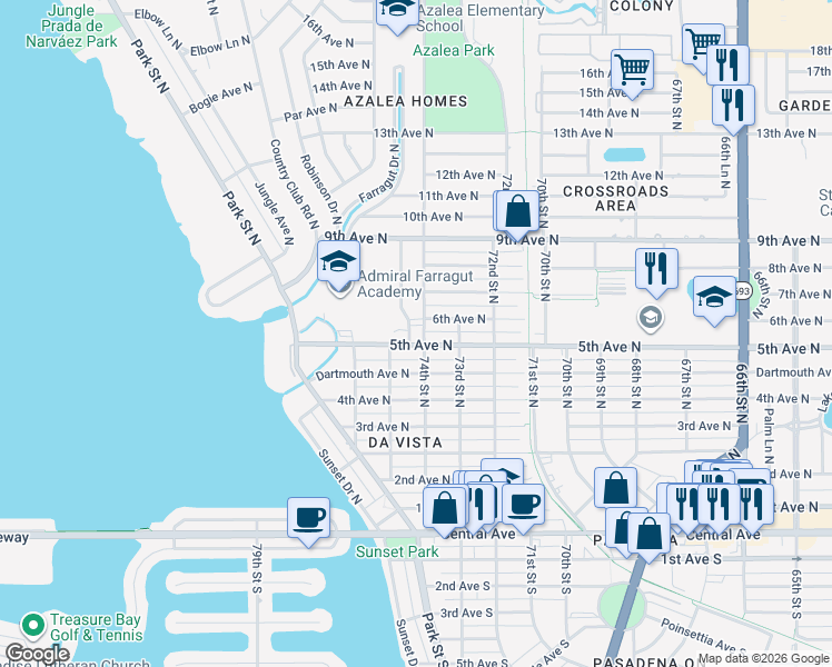 map of restaurants, bars, coffee shops, grocery stores, and more near 7401 5th Avenue North in St. Petersburg