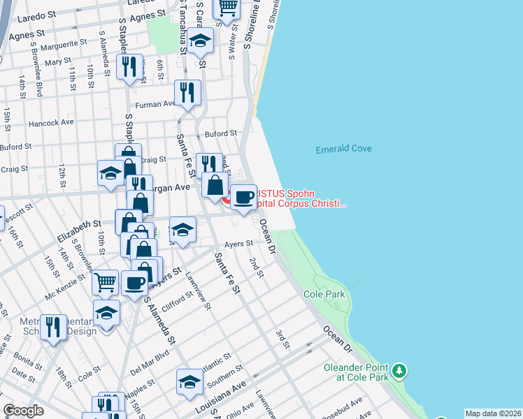map of restaurants, bars, coffee shops, grocery stores, and more near 1338 Ocean Drive in Corpus Christi