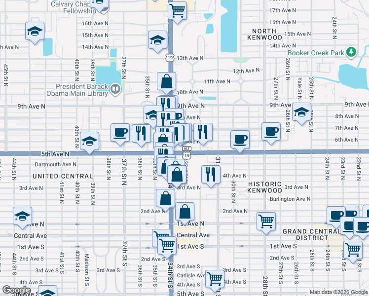map of restaurants, bars, coffee shops, grocery stores, and more near 518 33rd Street North in St. Petersburg