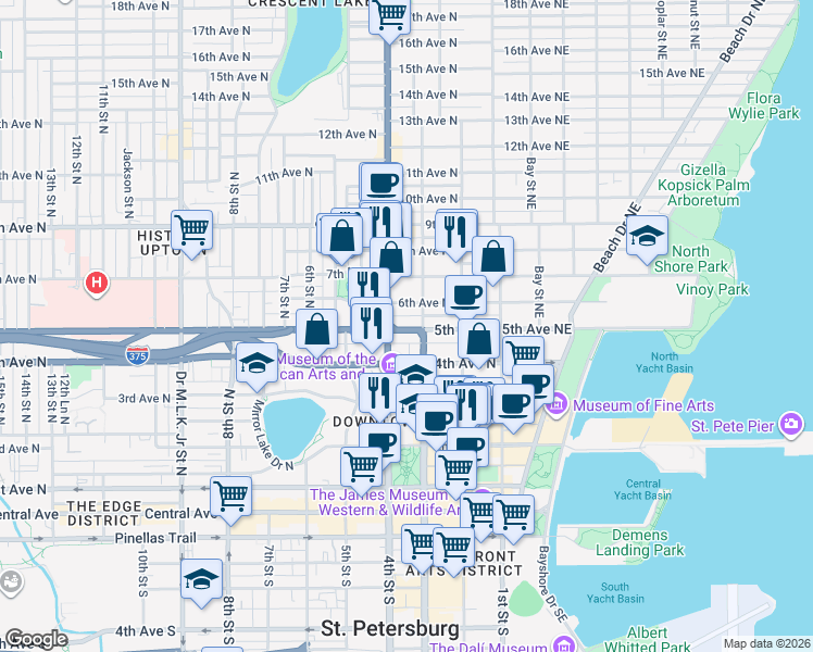 map of restaurants, bars, coffee shops, grocery stores, and more near 325 4th Avenue North in St. Petersburg