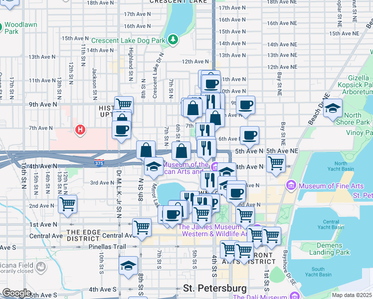 map of restaurants, bars, coffee shops, grocery stores, and more near 535 4th Avenue North in St. Petersburg