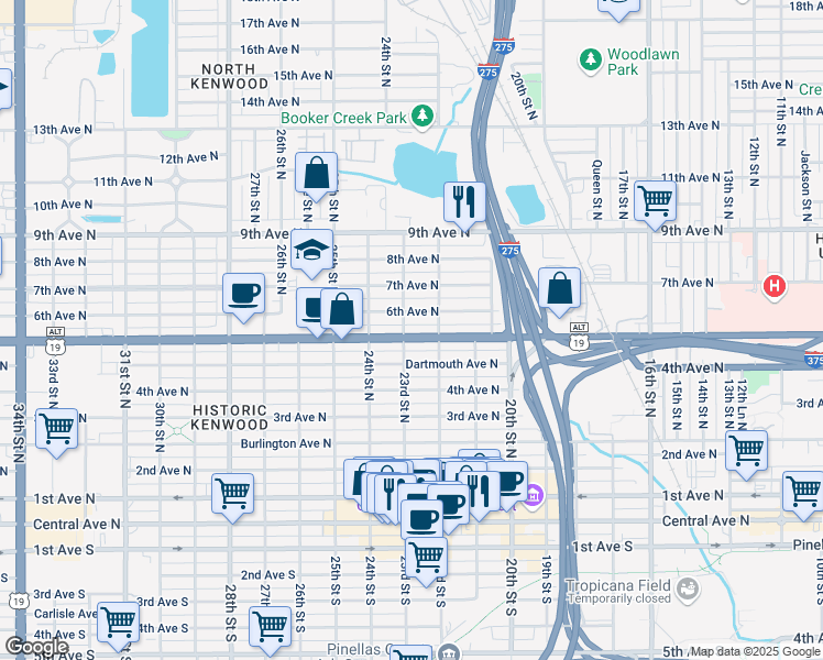 map of restaurants, bars, coffee shops, grocery stores, and more near 2220 5th Avenue North in St. Petersburg