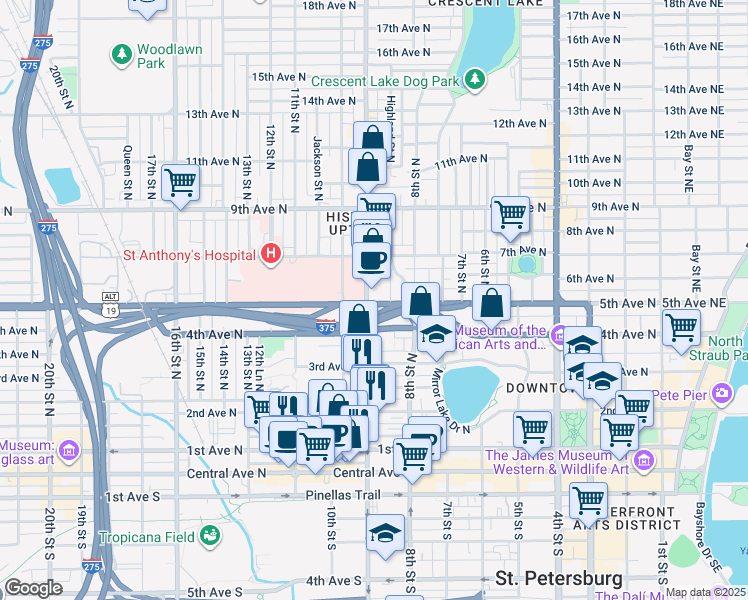 map of restaurants, bars, coffee shops, grocery stores, and more near 456 Doctor Martin Luther King Junior Street North in St. Petersburg