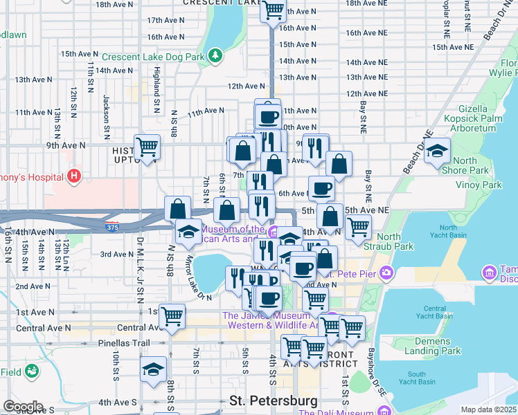 map of restaurants, bars, coffee shops, grocery stores, and more near 443 4th Avenue North in St. Petersburg