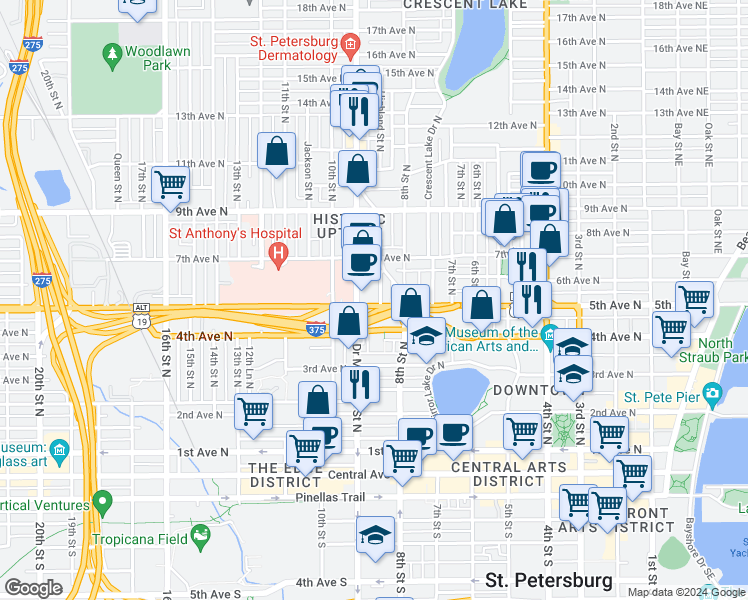 map of restaurants, bars, coffee shops, grocery stores, and more near 865 5th Avenue North in St. Petersburg