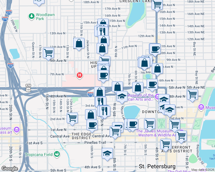 map of restaurants, bars, coffee shops, grocery stores, and more near 545 1/2 Highland Street North in St. Petersburg