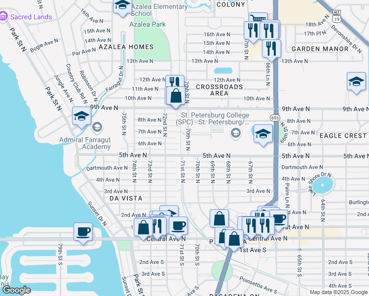 map of restaurants, bars, coffee shops, grocery stores, and more near 7113 6th Avenue North in St. Petersburg