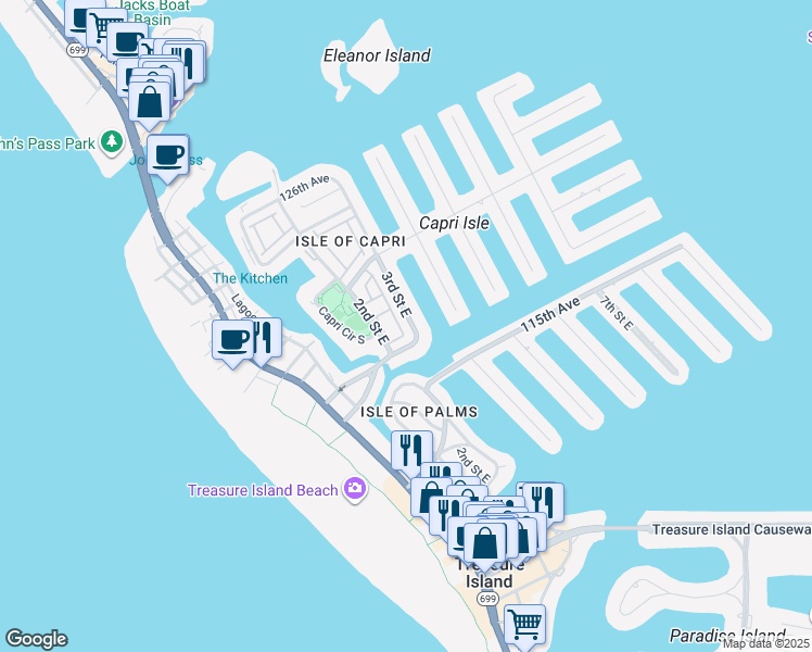 map of restaurants, bars, coffee shops, grocery stores, and more near 262 Sea Mist Drive in Treasure Island