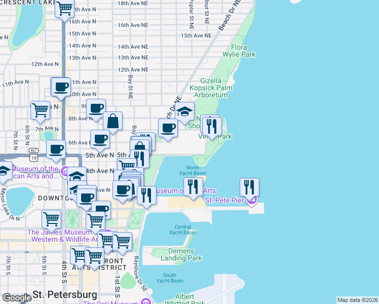 map of restaurants, bars, coffee shops, grocery stores, and more near 595 5th Avenue Northeast in St. Petersburg