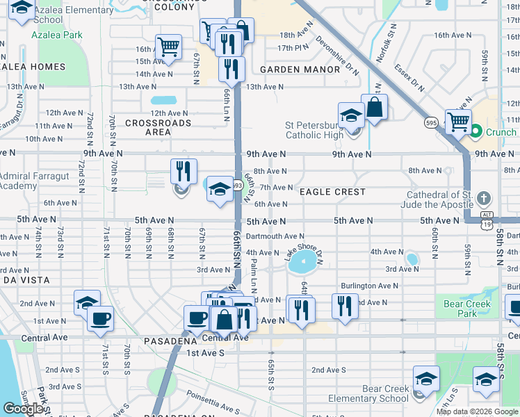 map of restaurants, bars, coffee shops, grocery stores, and more near 612 65th Street North in St. Petersburg