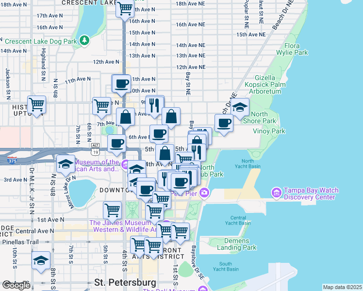 map of restaurants, bars, coffee shops, grocery stores, and more near 125 5th Avenue Northeast in Saint Petersburg