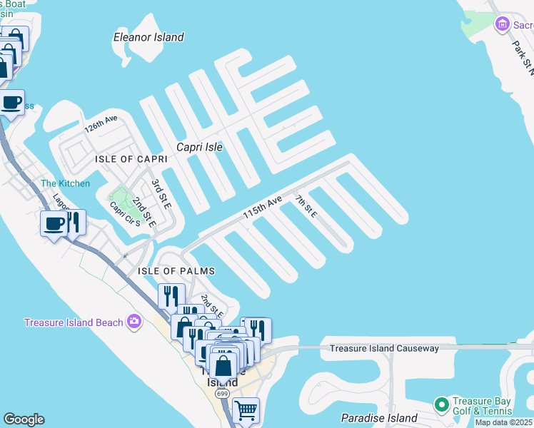 map of restaurants, bars, coffee shops, grocery stores, and more near 11460 6th Street East in Treasure Island