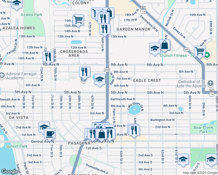 map of restaurants, bars, coffee shops, grocery stores, and more near 535 66th Street North in St. Petersburg