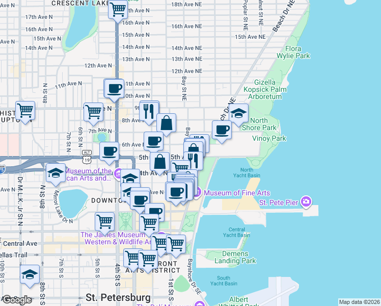 map of restaurants, bars, coffee shops, grocery stores, and more near 224 6th Avenue Northeast in St. Petersburg