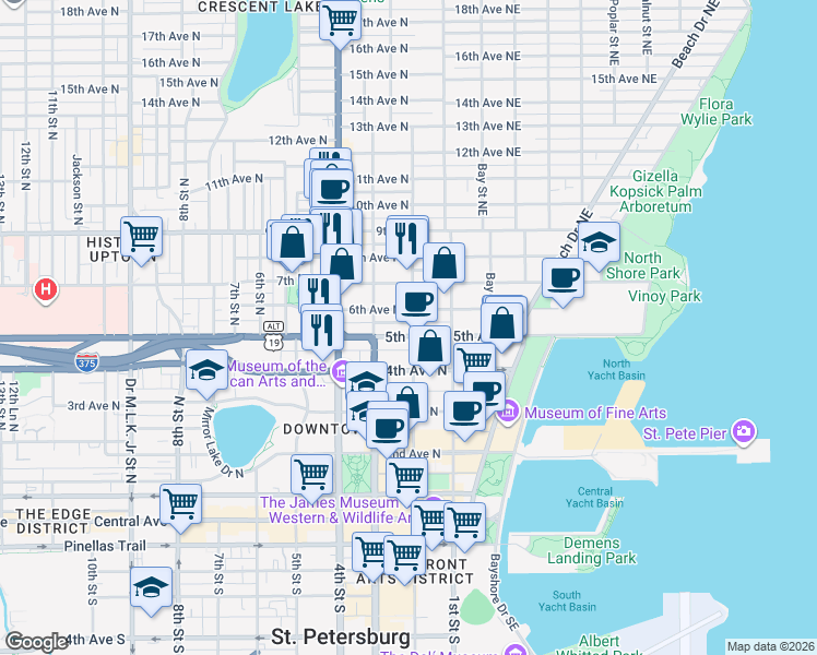 map of restaurants, bars, coffee shops, grocery stores, and more near 236 6th Avenue North in St. Petersburg
