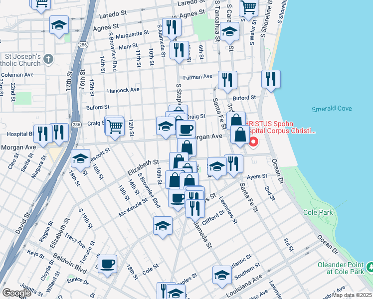 map of restaurants, bars, coffee shops, grocery stores, and more near 1311 7th Street in Corpus Christi