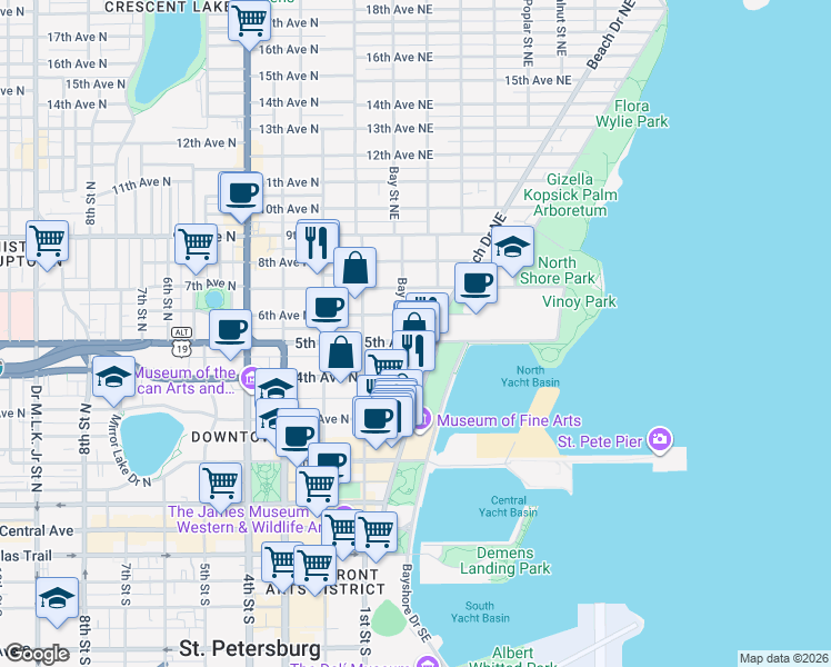 map of restaurants, bars, coffee shops, grocery stores, and more near 224 6th Avenue Northeast in St. Petersburg