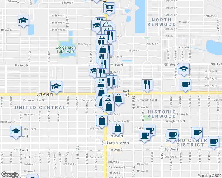 map of restaurants, bars, coffee shops, grocery stores, and more near 3320 6th Avenue North in Saint Petersburg