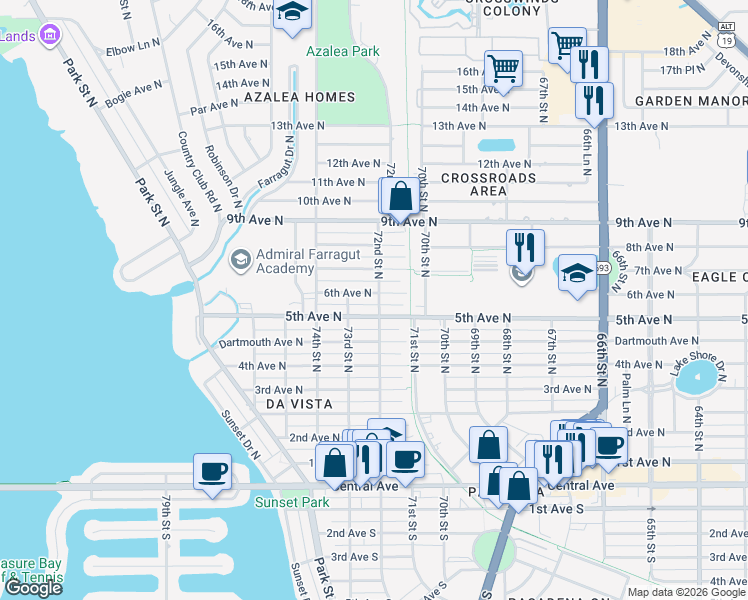 map of restaurants, bars, coffee shops, grocery stores, and more near 7200 6th Avenue North in Saint Petersburg