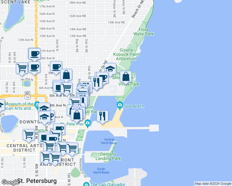map of restaurants, bars, coffee shops, grocery stores, and more near 595 5th Avenue Northeast in St. Petersburg