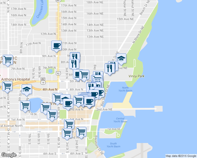 map of restaurants, bars, coffee shops, grocery stores, and more near 224 6th Avenue Northeast in St. Petersburg