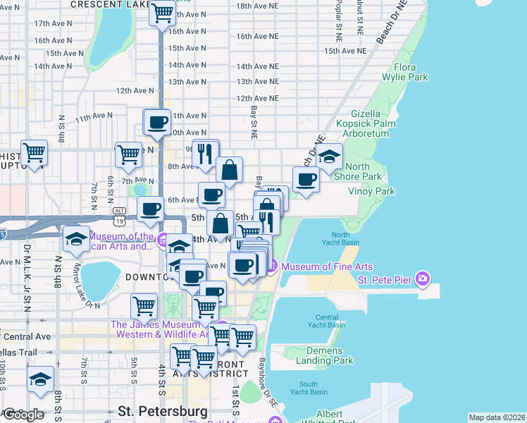 map of restaurants, bars, coffee shops, grocery stores, and more near 224 6th Avenue Northeast in St. Petersburg