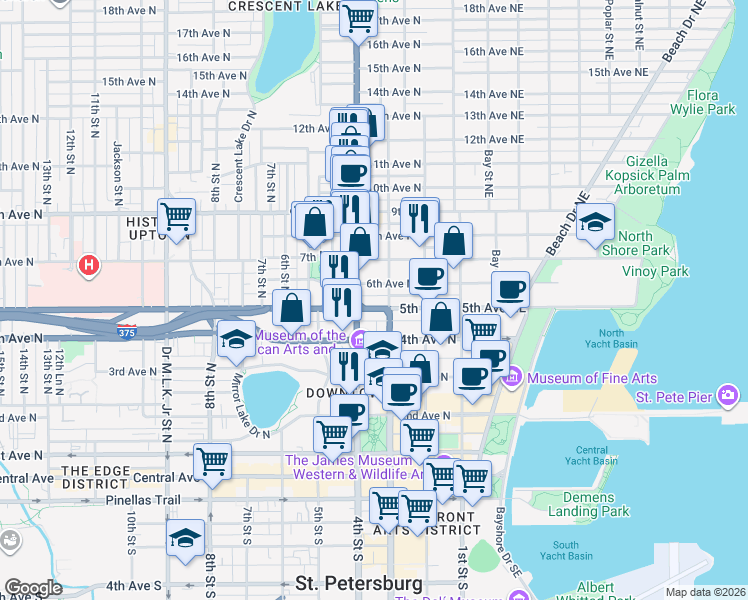 map of restaurants, bars, coffee shops, grocery stores, and more near 334n 6th Avenue North in St. Petersburg