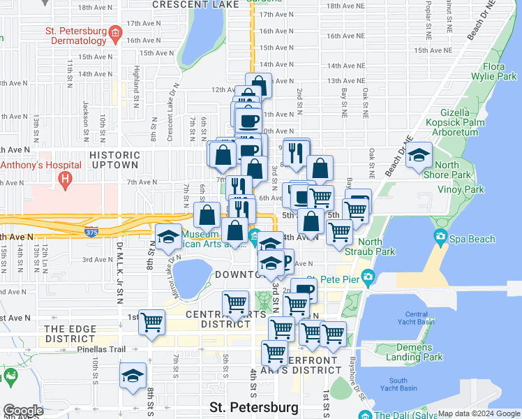 map of restaurants, bars, coffee shops, grocery stores, and more near 334n 6th Avenue North in St. Petersburg