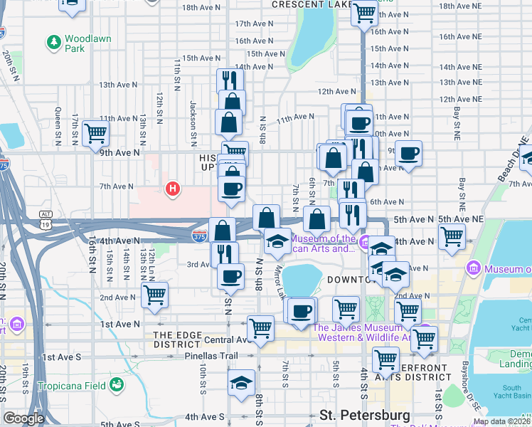 map of restaurants, bars, coffee shops, grocery stores, and more near 540 Grove Street North in St. Petersburg