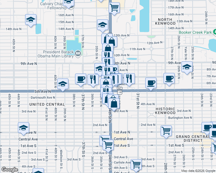 map of restaurants, bars, coffee shops, grocery stores, and more near 600 U.S. 19 in St. Petersburg