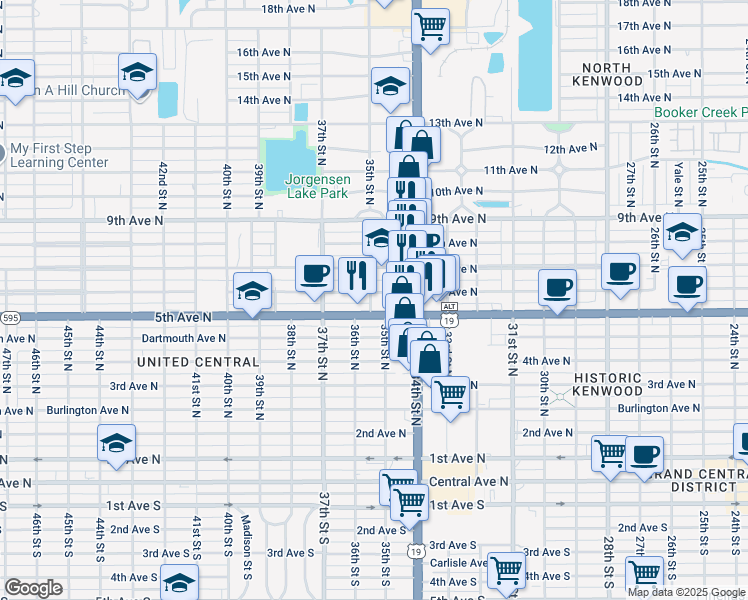 map of restaurants, bars, coffee shops, grocery stores, and more near 3505 6th Avenue North in St. Petersburg