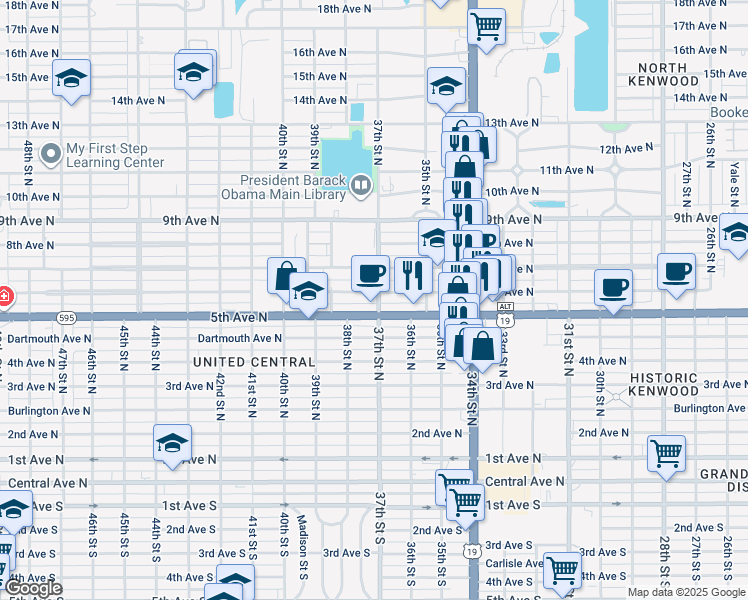 map of restaurants, bars, coffee shops, grocery stores, and more near 3627 6th Avenue North in St. Petersburg